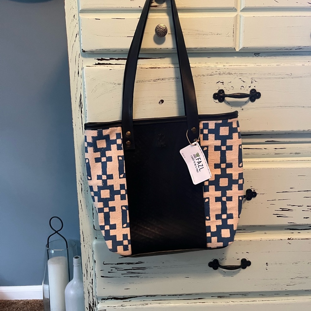 FAZL Recycled Black and Cream Geometric Tote Bag, recycled from an old tire.